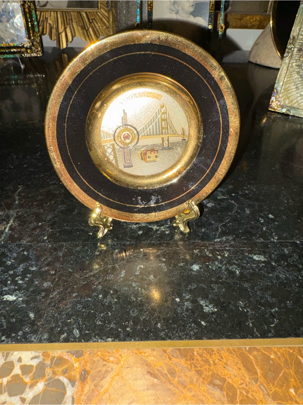 Decorative Black and Gold Commemorative Plate with San Francisco Motif
